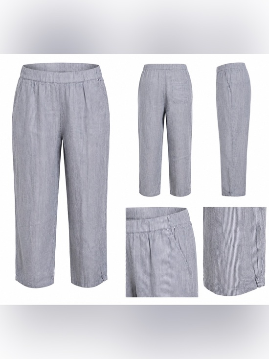 Quince Pants - Quince 100% Linen Blue White Stripe Cropped Pants XL Pull-On Coastal Casual
